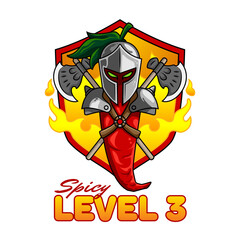 Spicy level 3 icon with armored knight chili character mascot design. best for your food business asset.