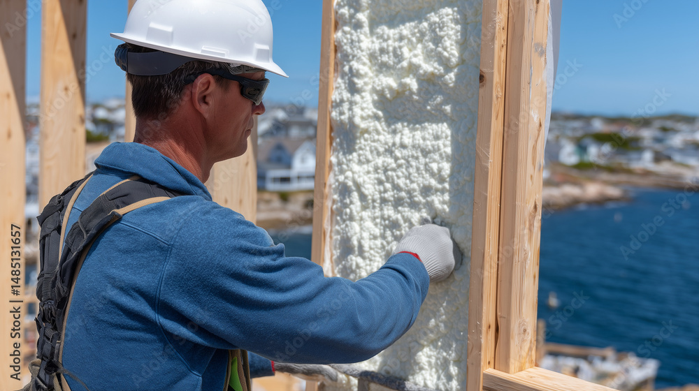 Poster daylight floods the skeletal frame of a new home as a construction worker seals gaps around window f