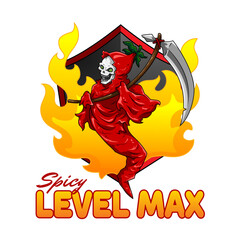 Spicy level max icon with grim reaper chili character mascot design. best for your food business asset.