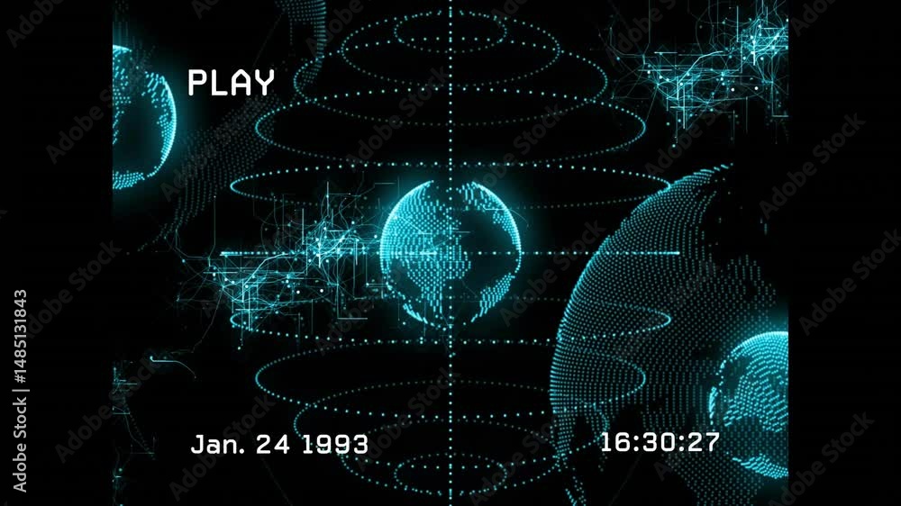 Poster neon blue dotted globes floating in dark interface, showing play icon, timestamp and network lines
