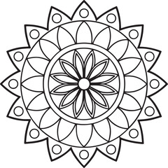 Floral Mandala Outline for Coloring Book – Black and White Symmetrical Design