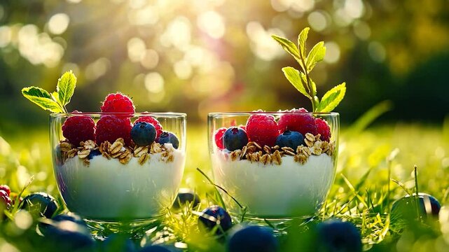 Two glasses of creamy yogurt parfait with granola, raspberries, and blueberries, nestled in a sunny, grassy field