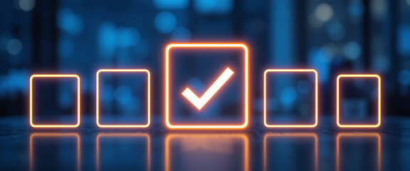 5 glowing blank equal sizes square boxes in outline style with one check mark over the middle box in blurred transparent dark blue glass background,