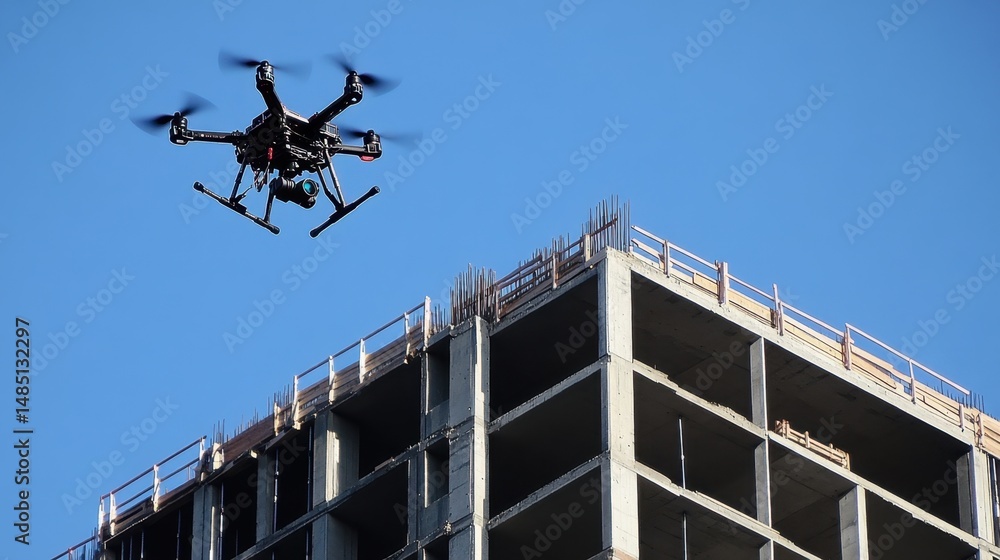 Poster drone capturing weekly progress of vertical construction for digital time-lapse