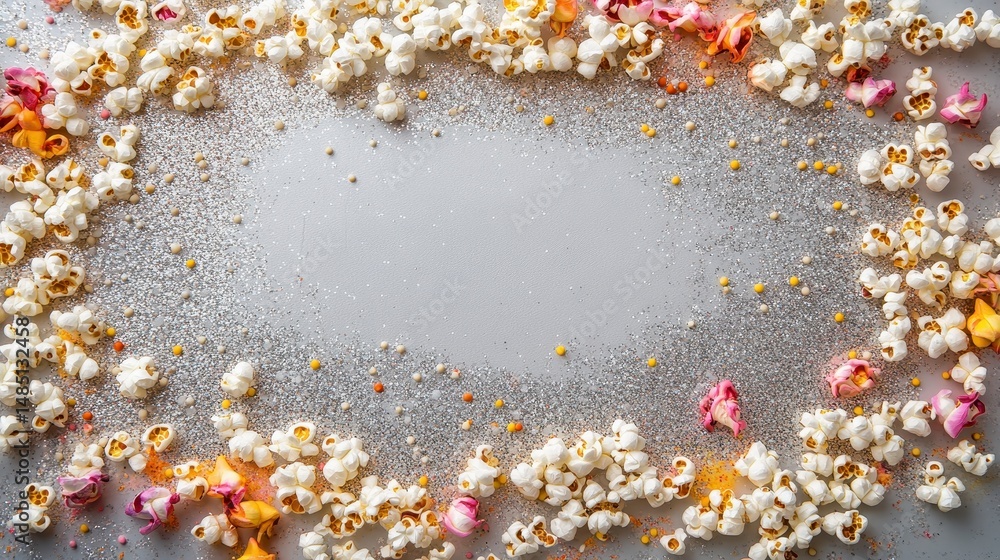 Poster popcorn and sprinkles frame on grey background with copy space.