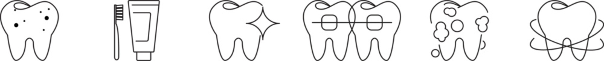 Teeth cleaning and alignment of teeth, braces, cleaning, hygiene, toothbrush, toothpaste, customizable stroke, vector, illustration
