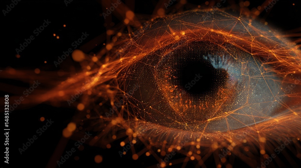 Poster digital iris scan technology, vibrant orange lines creating a dynamic network, illustrating the inte