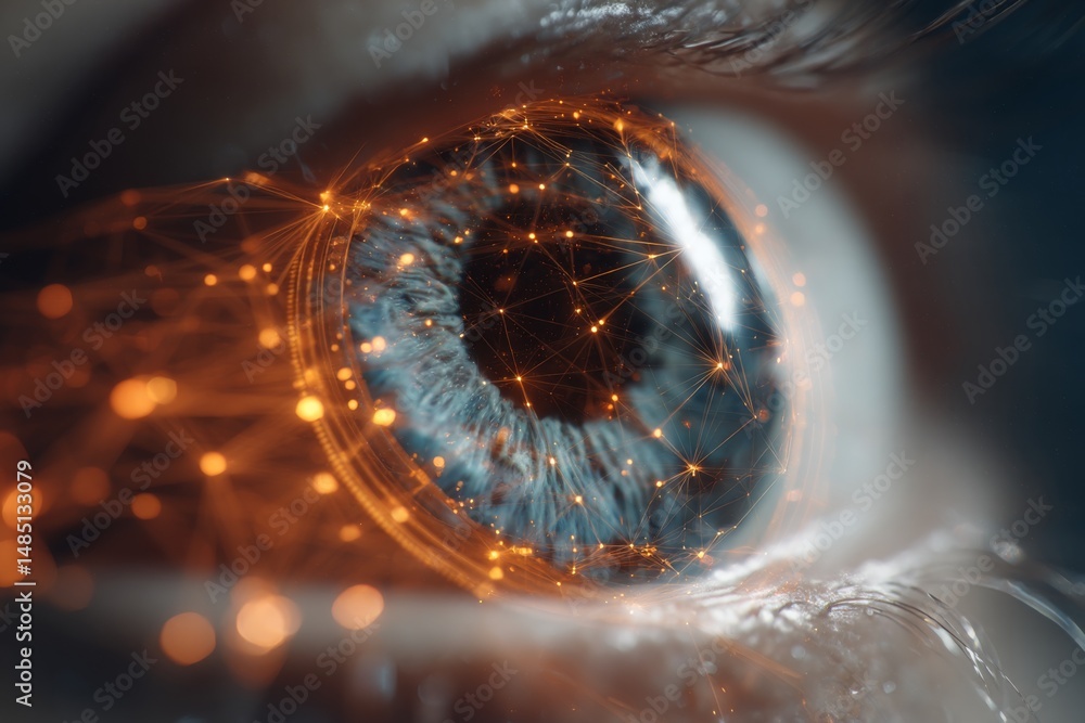 Poster digital iris scan technology, vibrant orange lines creating a dynamic network, illustrating the inte