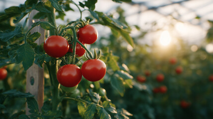 Organic farming scene with golden sunlight illuminating tomatoes and squash on tall stalks, supported by wooden trellises inside greenhouse