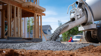 Fototapeta premium Close-up of rotating cement mixer drum coated in gray residue, pouring slurry into a foundation trench beside new home framework