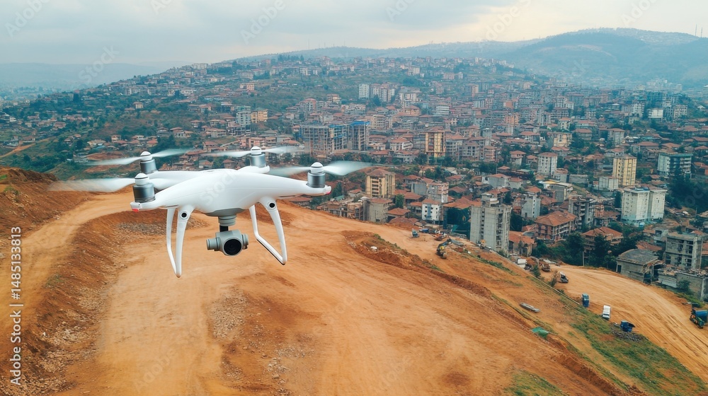 Poster drone navigating construction site capturing panoramic footage of overall project