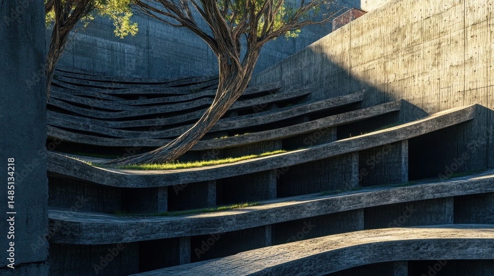Poster abstract concrete structure with a lone tree