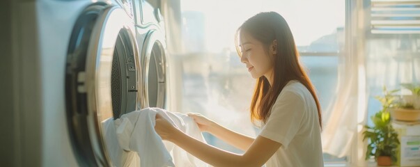 Woman taking laundry out of a front loading washing machine near a bright window in a sunny room