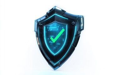 High-tech shield with digital checkmark, signifying protection and security