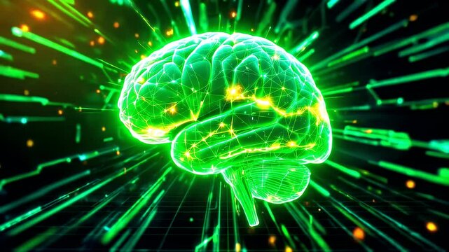 Digital brain emitting glowing green energy, symbolizing innovation.