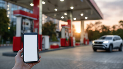 Obraz premium Phone held out in front of red gas pump, blank display glowing in warm ambient light of golden hour, suggesting mobile utility