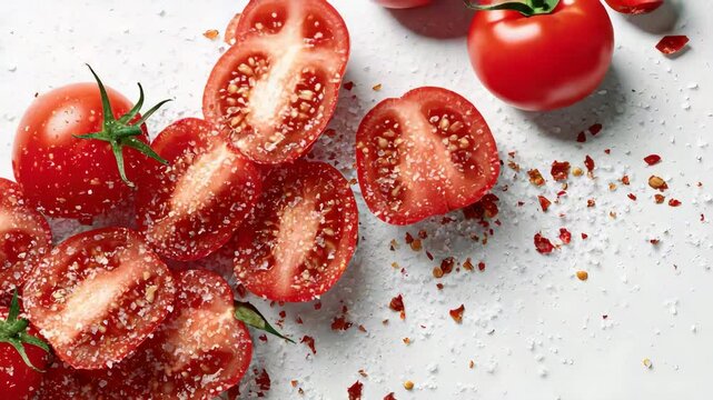 Pile of freshly sliced strawberries cherry tomatoes and garlic on a clean white surface