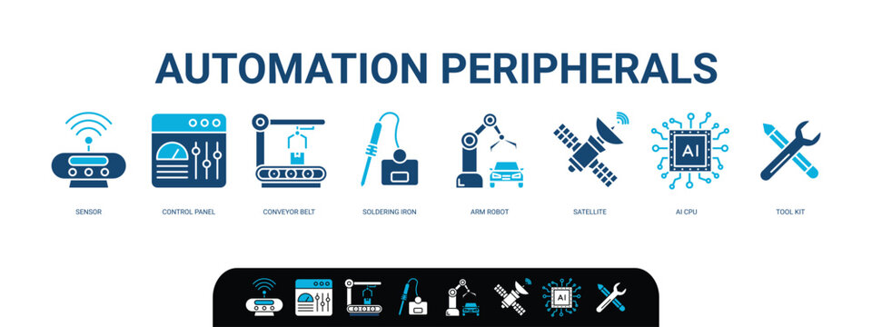 Automation peripherals banner web icons vector illustration concept for industrial automation manufacturing with an icon of sensor, control panel, conveyor , soldering, arm robot, satellite, and tools