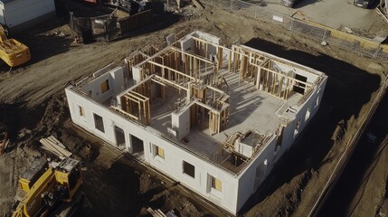 Fototapeta premium Drone view of D printed homes under construction in urban test site