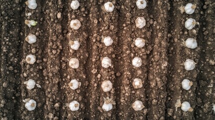 Rows of garlic bulbs planted in the earth
