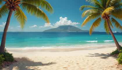 Travel, Beautiful Beach, and Tropical Island Concept. Digital Illustration composed with mixed media source elements. Photo, illustration, 3D Rendering and  generative AI. 