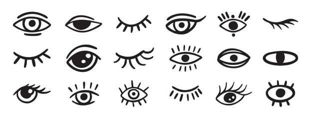 eyes and lashes doodle hand drawn icon set. Outline drawing line clipart symbol collection