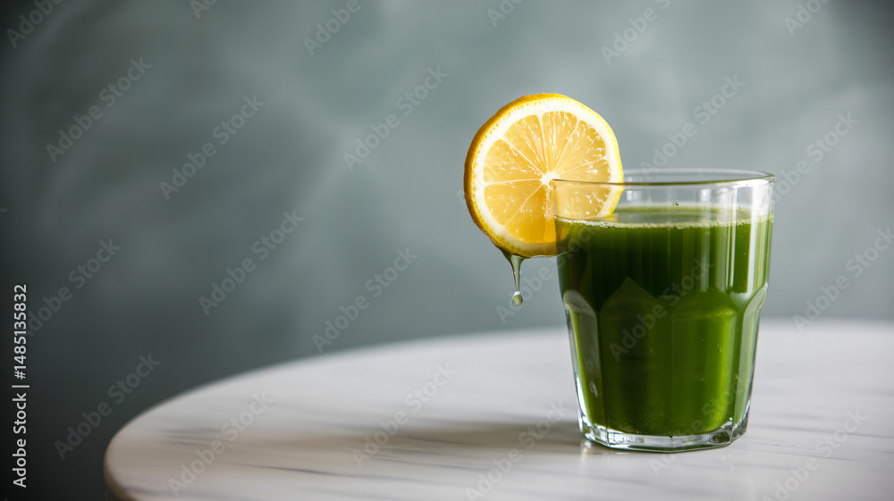 Poster spinach juice with lemon slice on a white table and gray background