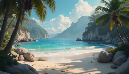 Heavenly Beautiful untouched and unvisited raw beach .  Digital Illustration composed with mixed media source elements. Photo, illustration, 3D Rendering and  generative AI. 