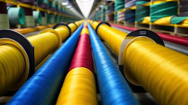 Colorful thread spools arranged in rows, showcasing vibrant hues and texture
