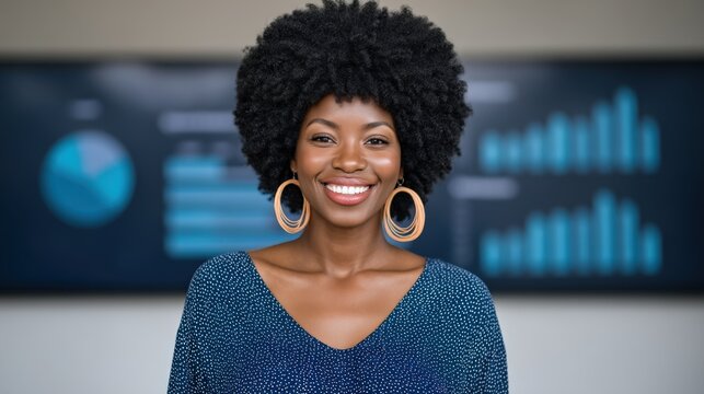 Confident businesswoman smiling brightly in a blue polka dot blouse with large circular earrings standing in front of modern statistical graphics demonstrating leadership and empowerment