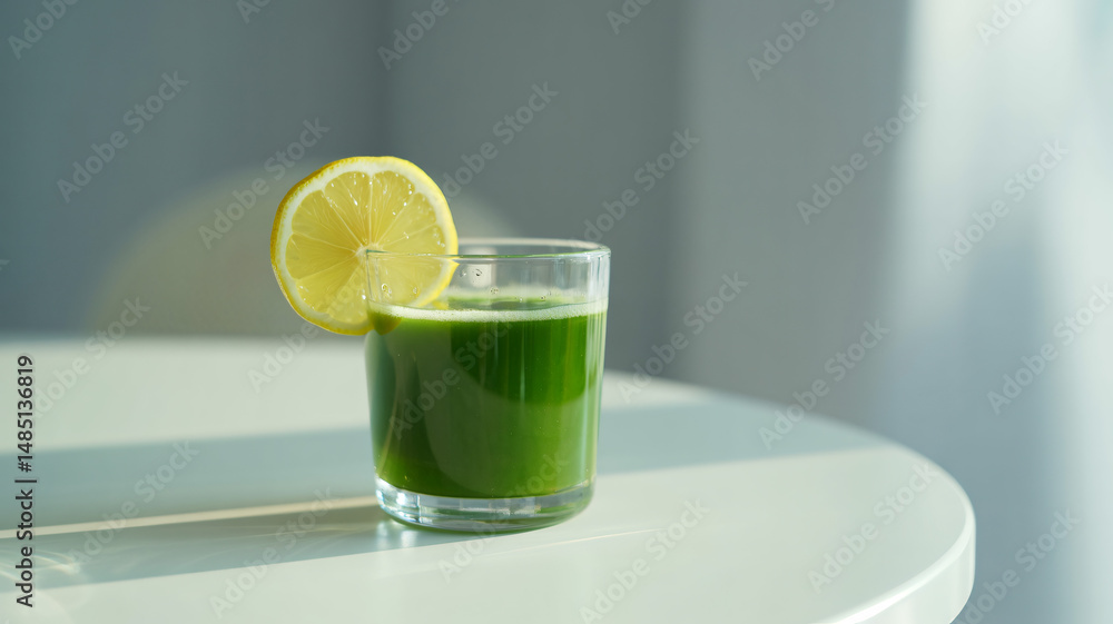 Poster spinach juice with lemon slice on a white table and gray background