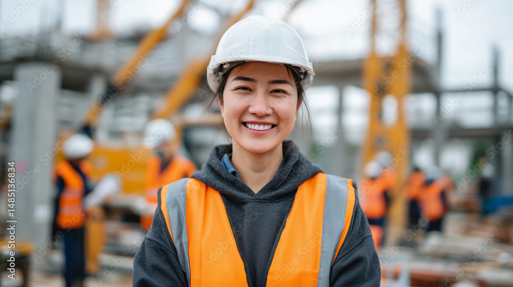 Poster asian engineer in a safety helmet and orange vest, smiling and posing on the construction site, as w