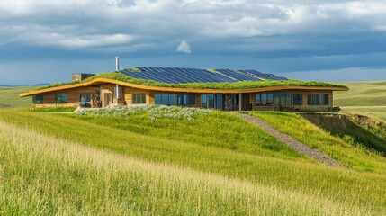 Fototapeta premium Eco-friendly house featuring green roof, solar panels, and passive design