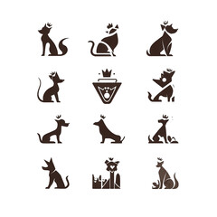 Various dog and animal silhouettes wearing crowns isolated on a transparent background