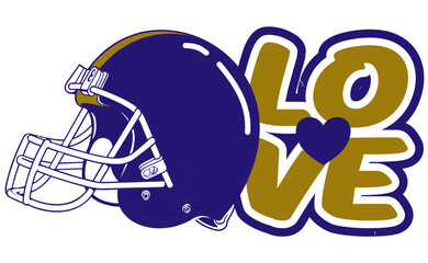 Love written in Purple and gold with a heart at the center and a football Helmet next to the text. Bold vector design in street art style, perfect for sporty, dynamic illustrations.