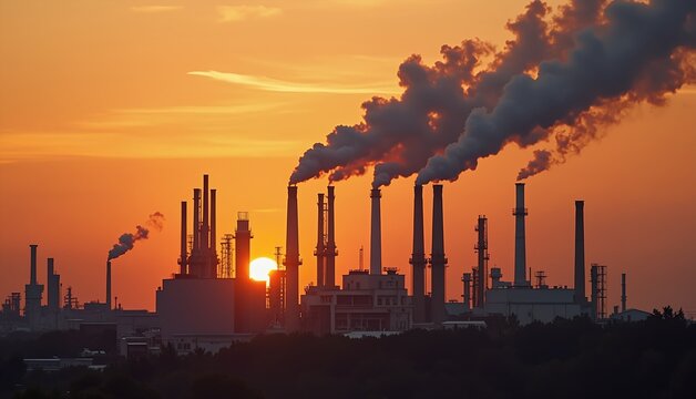 Industrial Pollution and Global Warming Image Concepts. Digital Illustration composed with mixed media source elements. Photo, illustration, 3D Rendering and  generative AI. 