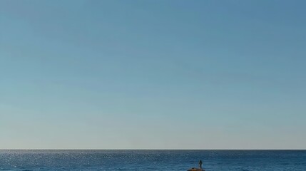Fototapeta premium Scenic Coastal Landscape with Calm Ocean Under Clear Blue Sky and Solitary Figure on Rock