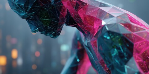 Close-up of a polygonal translucent humanoid figure with glowing pink and blue hues, intricate wireframe detailing against a blurred neon cityscape backdrop
