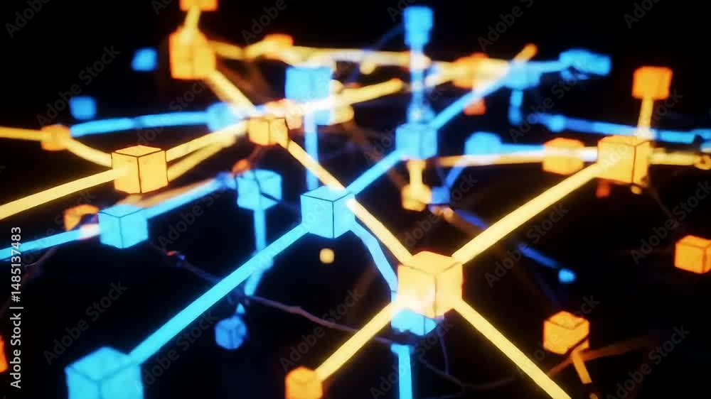 Poster abstract digital network connection illuminated with blue and orange cubes and lines