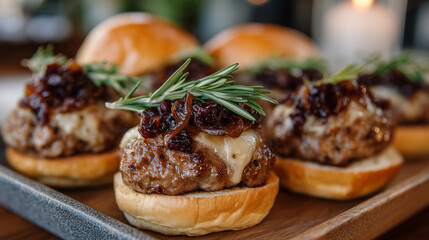 Party-ready beef sliders glistening with juices, each topped with a swirl of caramelized onions, arranged in a grid pattern for elegant food presentation