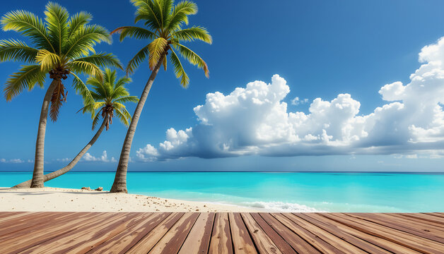 Travel, Beautiful Beach, and Tropical Island Concept. Digital Illustration composed with mixed media source elements. Photo, illustration, 3D Rendering and  generative AI. 
