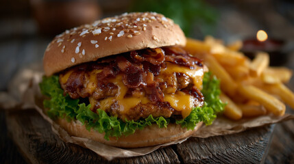 Close-up of a mouthwatering double cheeseburger with layers of sizzling bacon, gooey cheddar, and green lettuce, next to a pile of golden fries glistening with sea salt