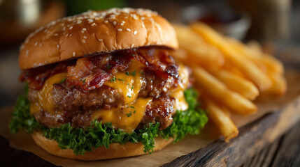 Close-up of a mouthwatering double cheeseburger with layers of sizzling bacon, gooey cheddar, and green lettuce, next to a pile of golden fries glistening with sea salt