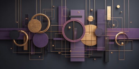 Artistic composition featuring intersecting gold and purple circles, lines, and blocks suspended in space, creating a visually rich abstract design.

