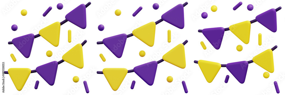 Poster set of abstract geometric pattern with purple and yellow triangles on black background 3d render ico