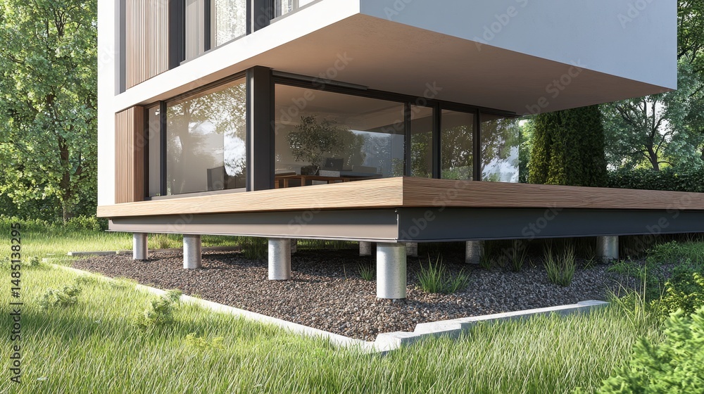 Poster engineering-focused d visualization of foundation and beam layout beneath a building