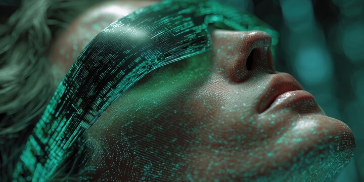 Close-up digital art of a male face embedded with glowing circuits and binary code patterns, representing cybernetic or AI concepts.

