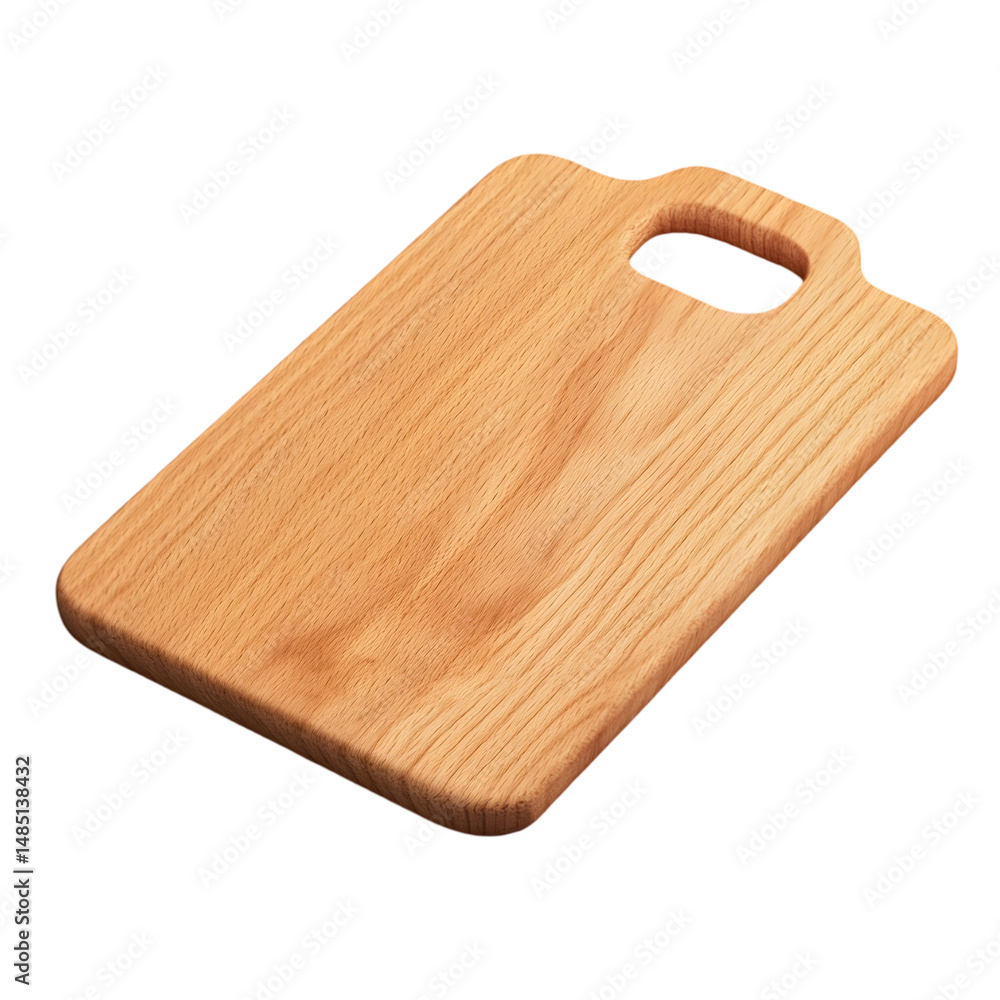 Poster light-colored wooden cutting board with a simple rectangular shape and a convenient handle. the wood