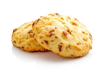 Fototapeta premium Two golden brown, slightly raised, round biscuits, topped with scattered bits of cheese and savory fillings, rest on a white surface