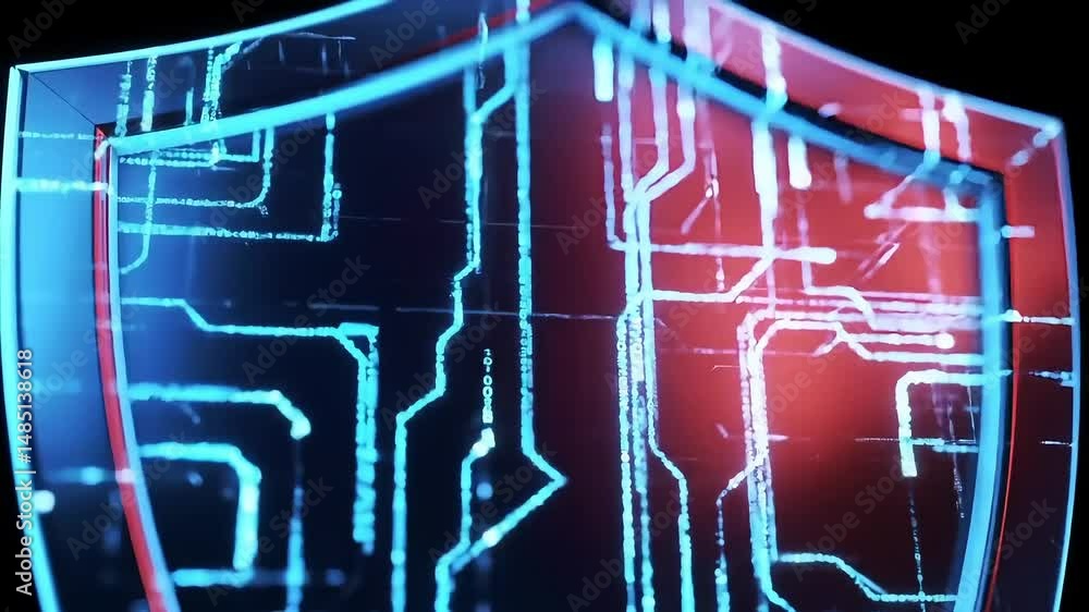 Poster a digital shield with glowing lines and circuits, symbolizing security and protection in the digital
